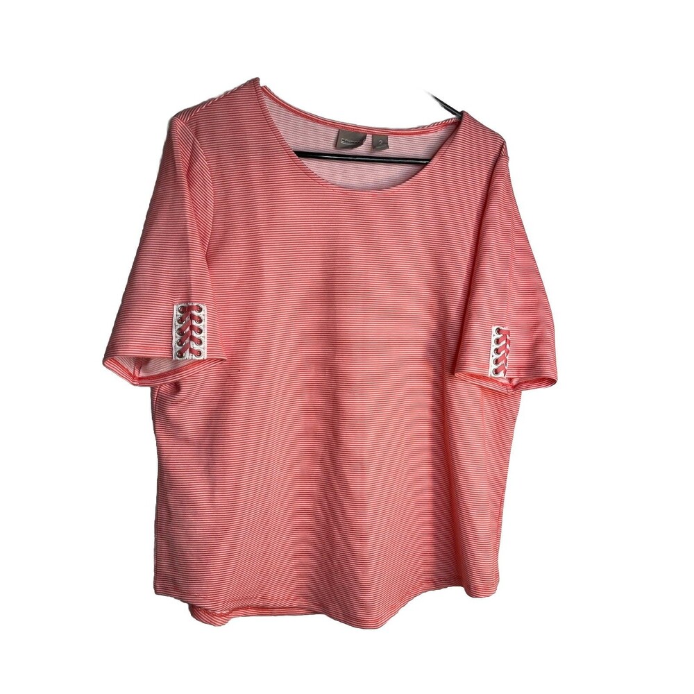 Chicos Red Pink Tones Stripes Short Sleeve Whip stitch Top Blouse sz 2 / L (15